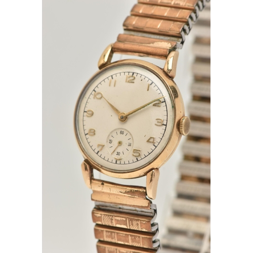 28 - A GENTS 9CT GOLD WRISTWATCH, manual wind movement, round silvered Arabic numeral dial, subsidiary di... 