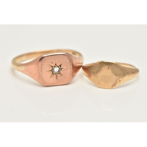 30 - TWO SIGNET RINGS, the first a rose metal square signet with star set rose cut diamond, later attache... 