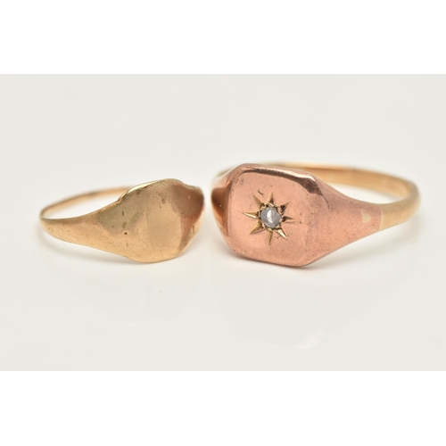 30 - TWO SIGNET RINGS, the first a rose metal square signet with star set rose cut diamond, later attache... 