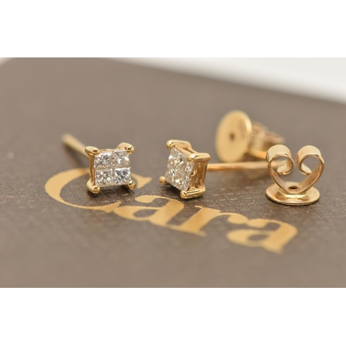 34 - A PAIR OF DIAMOND EARRINGS, yellow metal mounts, set with four princess cut diamonds in an invisible... 