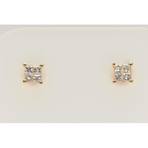 34 - A PAIR OF DIAMOND EARRINGS, yellow metal mounts, set with four princess cut diamonds in an invisible... 