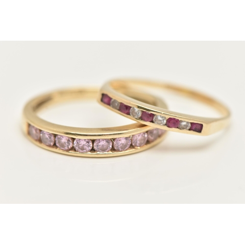 37 - TWO GEM SET RINGS, the first a yellow gold band ring, channel set with circular cut pink cubic zirco... 