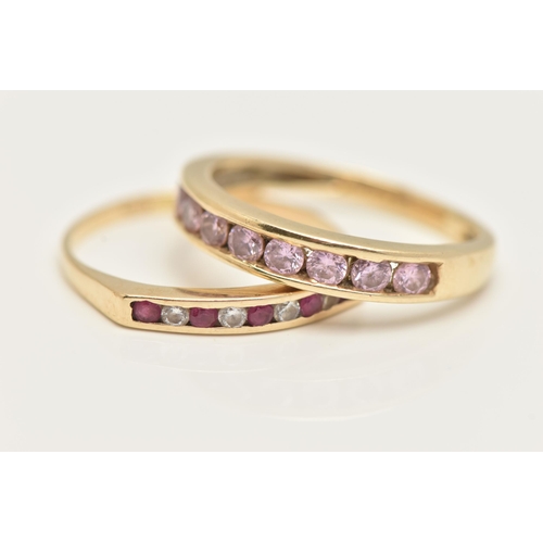 37 - TWO GEM SET RINGS, the first a yellow gold band ring, channel set with circular cut pink cubic zirco... 