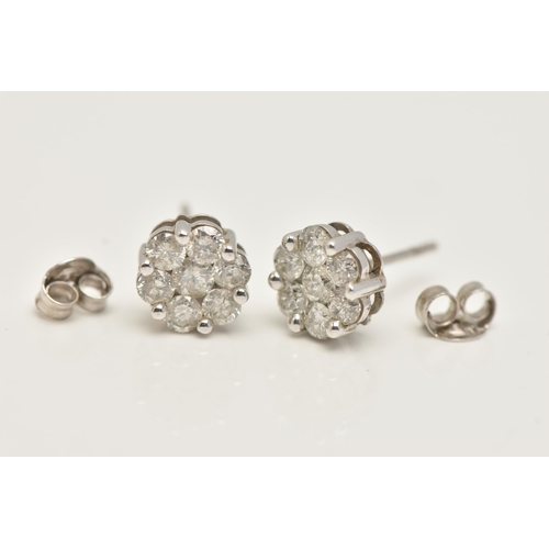 39 - A PAIR OF 9CT GOLD DIAMOND CLUSTER EARRINGS, white gold mounts, approximate width 7.5mm, each earrin... 