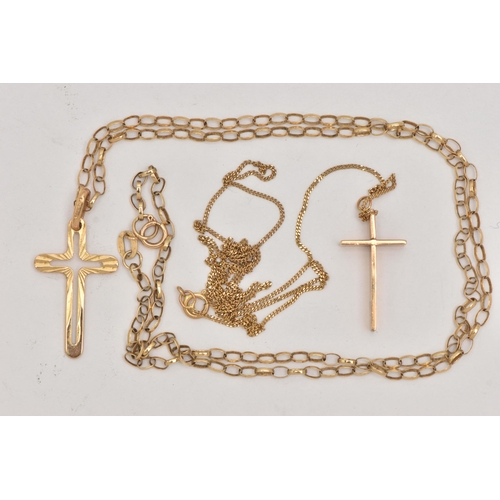 4 - TWO 9CT GOLD CROSS NECKLACES, the first an open work cross with diamond cut pattern detail, suspende... 