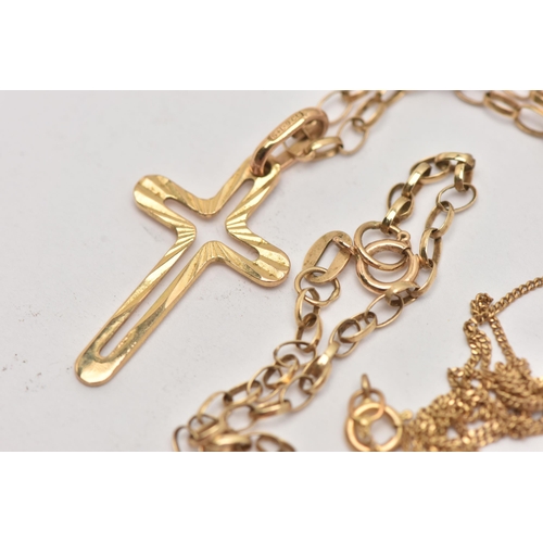 4 - TWO 9CT GOLD CROSS NECKLACES, the first an open work cross with diamond cut pattern detail, suspende... 