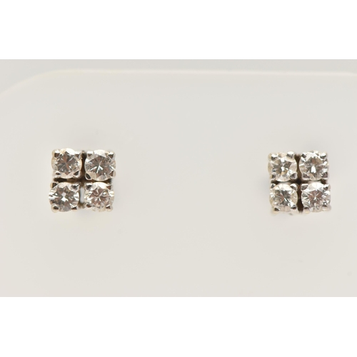 40 - A PAIR OF DIAMOND CLUSTER EARRINGS, white metal square form mount, approximate width 5mm, prong set ... 