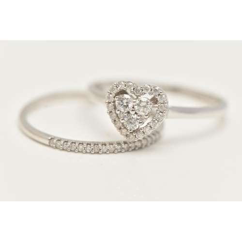 41 - A 9CT GOLD DIAMOND RING WEDDING SET, to include white gold heart form mount, prong set with a cluste... 