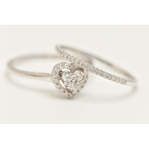 41 - A 9CT GOLD DIAMOND RING WEDDING SET, to include white gold heart form mount, prong set with a cluste... 