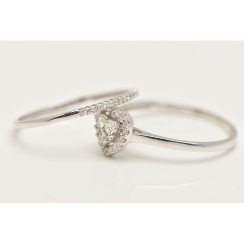 41 - A 9CT GOLD DIAMOND RING WEDDING SET, to include white gold heart form mount, prong set with a cluste... 