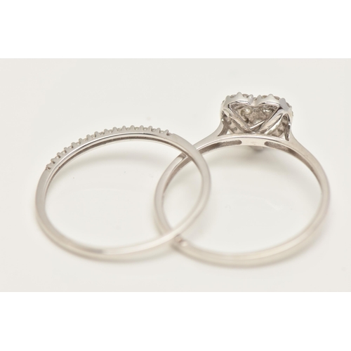 41 - A 9CT GOLD DIAMOND RING WEDDING SET, to include white gold heart form mount, prong set with a cluste... 