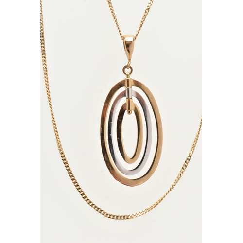 47 - A 9CT GOLD NECKLACE, designed as a bi colour oval spinning pendant, fitted with a tapered bail, appr... 