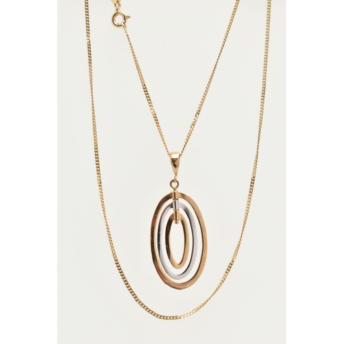 47 - A 9CT GOLD NECKLACE, designed as a bi colour oval spinning pendant, fitted with a tapered bail, appr... 