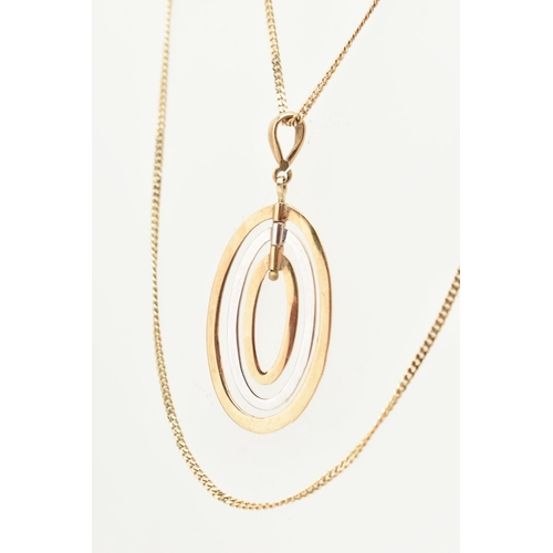 47 - A 9CT GOLD NECKLACE, designed as a bi colour oval spinning pendant, fitted with a tapered bail, appr... 