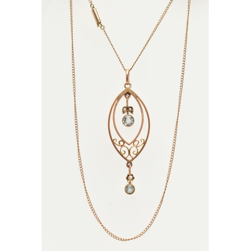 48 - AN EARLY 20TH CENTURY LAVALIER PENDANT AND CHAIN, a navette form open work pendant fitted with two d... 