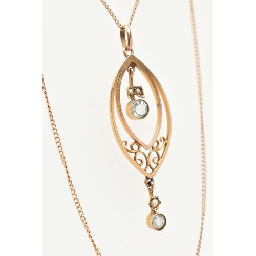 48 - AN EARLY 20TH CENTURY LAVALIER PENDANT AND CHAIN, a navette form open work pendant fitted with two d... 