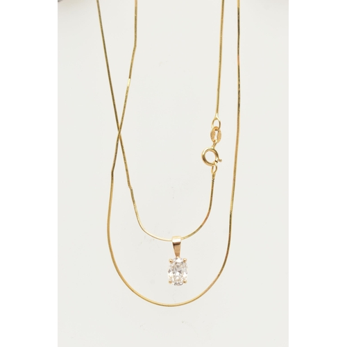 49 - A 14CT GOLD NECKLACE, an oval cut cubic zirconia, prong set in yellow gold, fitted with a slightly t... 