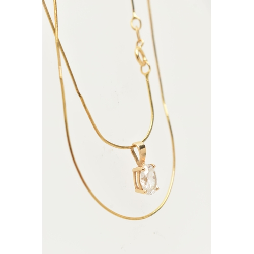 49 - A 14CT GOLD NECKLACE, an oval cut cubic zirconia, prong set in yellow gold, fitted with a slightly t... 