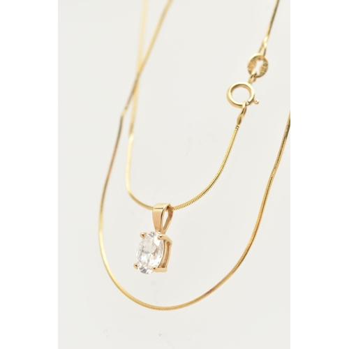 49 - A 14CT GOLD NECKLACE, an oval cut cubic zirconia, prong set in yellow gold, fitted with a slightly t... 