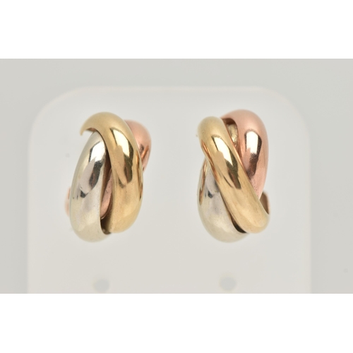 54 - A PAIR OF 9CT GOLD EARRINGS, tri colour half hoop interlocking design earrings, fitted with posts, h... 