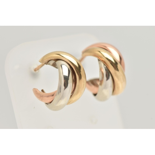 54 - A PAIR OF 9CT GOLD EARRINGS, tri colour half hoop interlocking design earrings, fitted with posts, h... 