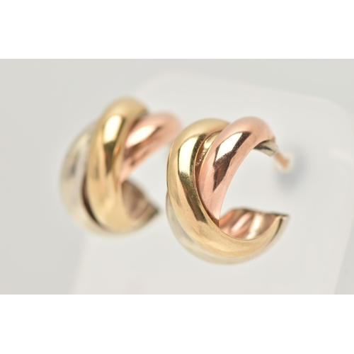 54 - A PAIR OF 9CT GOLD EARRINGS, tri colour half hoop interlocking design earrings, fitted with posts, h... 