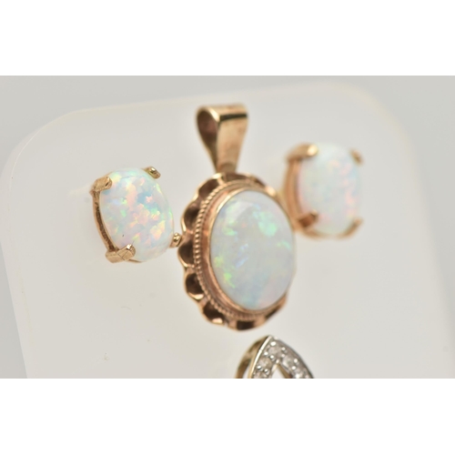 56 - A SMALL ASSORTMENT OF JEWELLERY, to include a yellow metal and opal pendant, unmarked, a blue topaz ... 