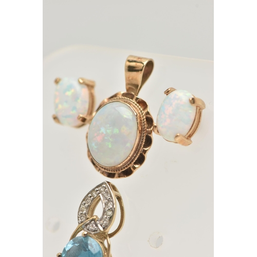 56 - A SMALL ASSORTMENT OF JEWELLERY, to include a yellow metal and opal pendant, unmarked, a blue topaz ... 