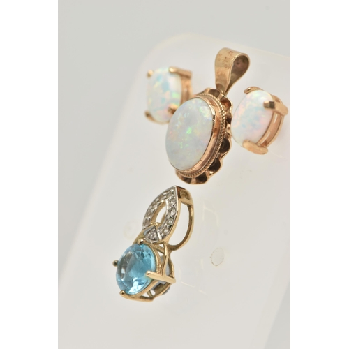 56 - A SMALL ASSORTMENT OF JEWELLERY, to include a yellow metal and opal pendant, unmarked, a blue topaz ... 