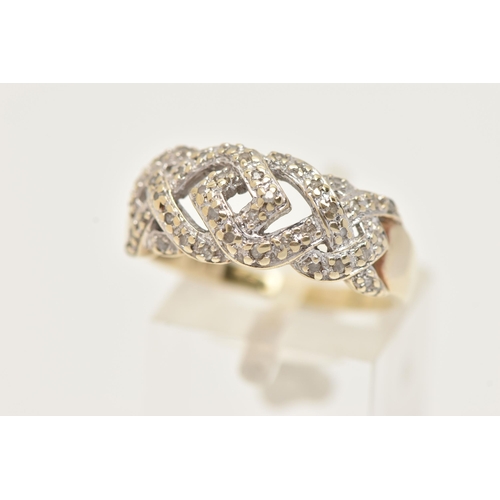 6 - A 9CT GOLD DIAMOND RING, a band ring with cross over detail, grain set with single cut diamonds, app... 