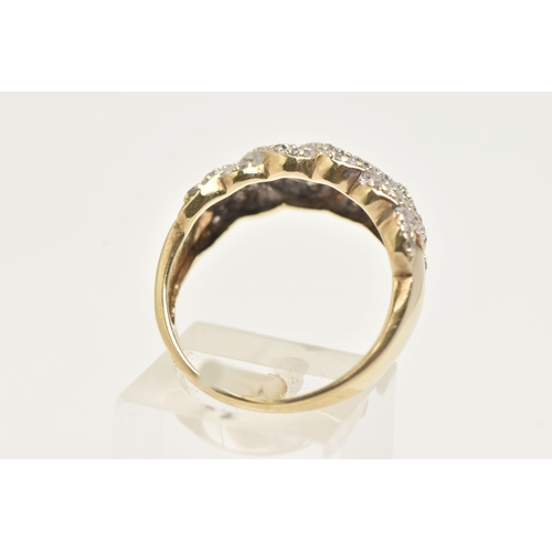 6 - A 9CT GOLD DIAMOND RING, a band ring with cross over detail, grain set with single cut diamonds, app... 