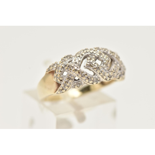 6 - A 9CT GOLD DIAMOND RING, a band ring with cross over detail, grain set with single cut diamonds, app... 