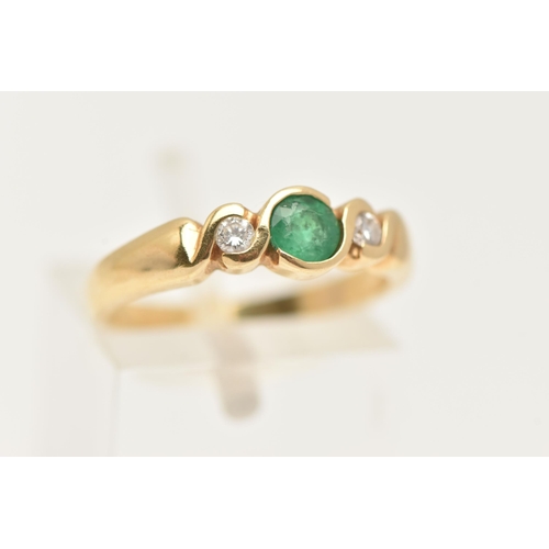 64 - AN 18CT GOLD EMERALD AND DIAMOND RING, a principally set circular cut emerald in a yellow gold twist... 