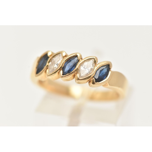 65 - AN 18CT GOLD SAPPHIRE AND DIAMOND BAND RING, designed as three blue marquise cut sapphires interspac... 