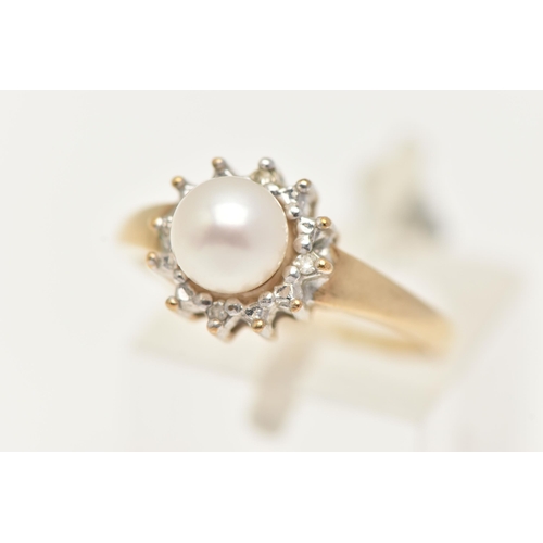 67 - A 9CT GOLD CULTURED PEARL AND DIAMOND CLUSTER RING, a principally set cultured pearl, set with a sur... 