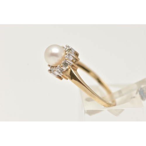 67 - A 9CT GOLD CULTURED PEARL AND DIAMOND CLUSTER RING, a principally set cultured pearl, set with a sur... 