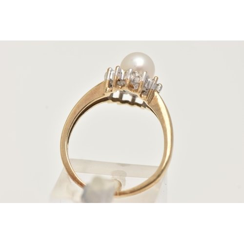 67 - A 9CT GOLD CULTURED PEARL AND DIAMOND CLUSTER RING, a principally set cultured pearl, set with a sur... 