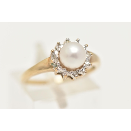 67 - A 9CT GOLD CULTURED PEARL AND DIAMOND CLUSTER RING, a principally set cultured pearl, set with a sur... 