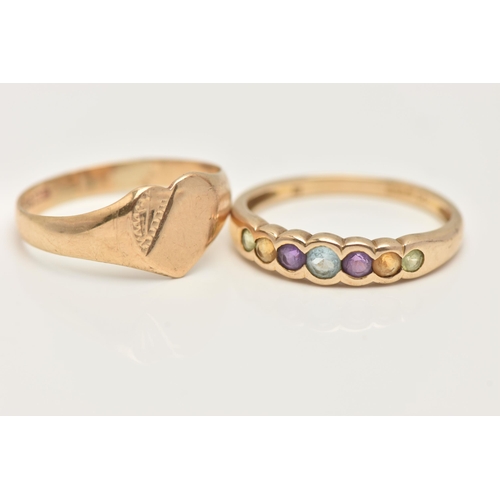 68 - TWO 9CT GOLD RINGS, the first a yellow gold heart signet ring, hallmarked 9ct Dublin, ring size N, t... 