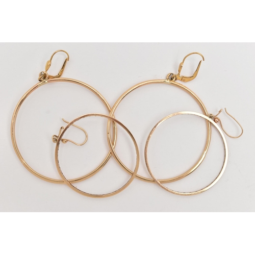 76 - TWO PAIRS OF HOOP EARRINGS, the first of a polished form, stamped 9ct, fitted with fish hook fitting... 