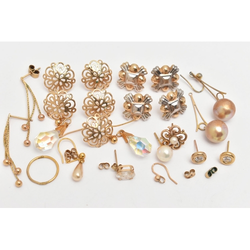 78 - A SELECTION OF EARRINGS, to include pierced scroll design stud earrings, imitation pearl drop earrin... 