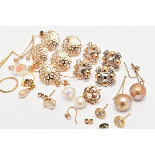 78 - A SELECTION OF EARRINGS, to include pierced scroll design stud earrings, imitation pearl drop earrin... 