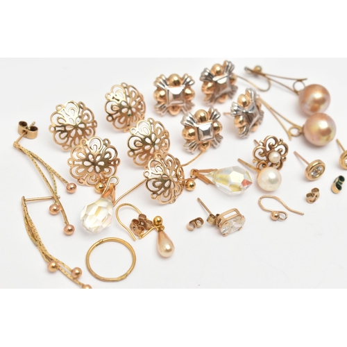 78 - A SELECTION OF EARRINGS, to include pierced scroll design stud earrings, imitation pearl drop earrin... 