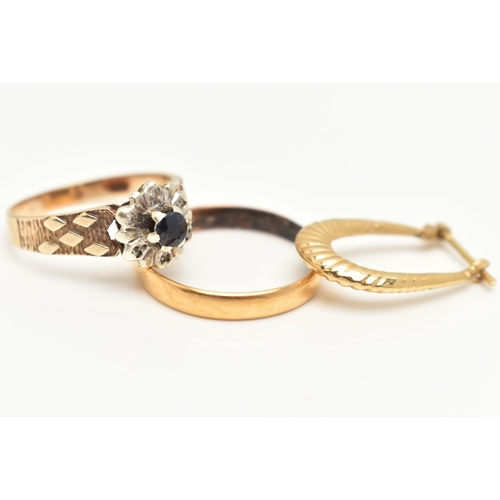 9 - THREE ITEMS OF JEWELLERY, to include a 9ct gold sapphire and diamond cluster ring, 9ct hallmark for ... 