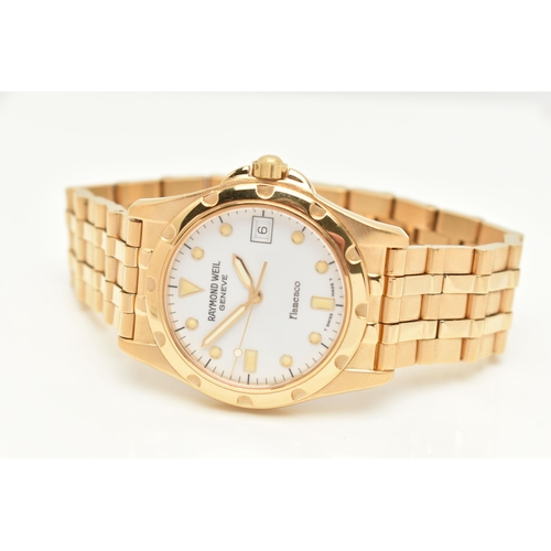 122 - A GENTS BOXED 'RAYOND WEIL' WRISTWATCH, quartz movement, round white dial signed 'Raymond Weil, Flam... 