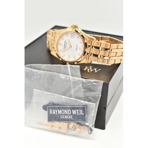 122 - A GENTS BOXED 'RAYOND WEIL' WRISTWATCH, quartz movement, round white dial signed 'Raymond Weil, Flam... 