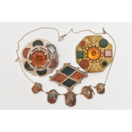 123 - FOUR ITEMS OF JEWELLERY, to include a Scottish white metal hardstone and orange paste set brooch, fi... 