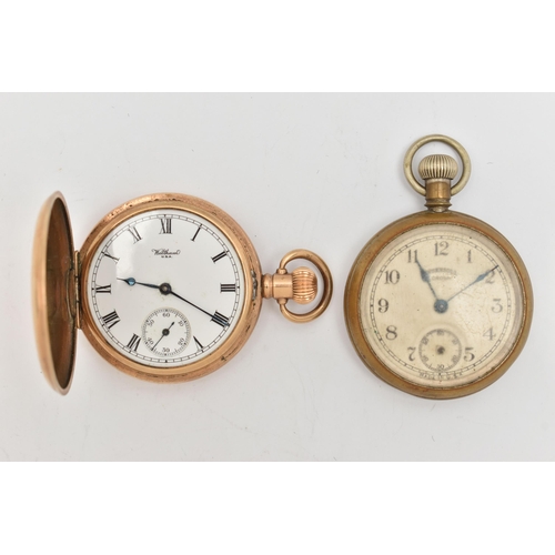 125 - TWO POCKET WATCHES, the first a rolled gold, manual wind 'Waltham' full hunter pocket watch, missing... 