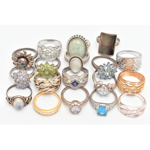 130 - EIGHTEEN SILVER AND WHITE METAL GEM SET RINGS, to include cubic zirconia rings, a dyed cultured pear... 