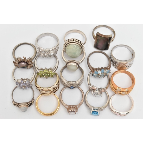 130 - EIGHTEEN SILVER AND WHITE METAL GEM SET RINGS, to include cubic zirconia rings, a dyed cultured pear... 